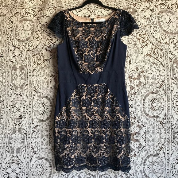 Jessica Simpson Dresses & Skirts - Blue & Peach Lace Cap Sleeve Sheath Dress 10